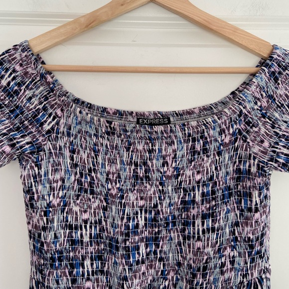 Express Smocked Bodice Maxi Dress Blue Purple Stretch Comfy Boho Off Shoulder S - Picture 7 of 16
